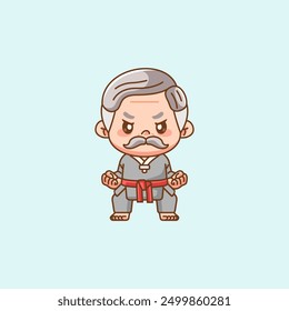 Cute abuelo maestro de entrenamiento Karate arte marcial chibi kawaii personaje mascota deporte Icono conjunto