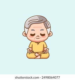 Cute grandpa meditation yoga kawaii chibi character mascot illustration outline style design
