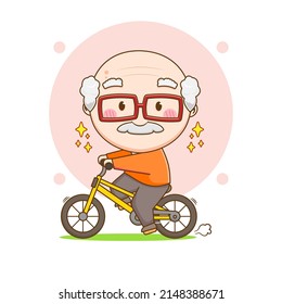 Cute grandpa riding bicycle. Cartoon illustration of chibi character isolated on white background.