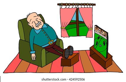 Cute Grandpa Sleeping On Sofa With Football On TV