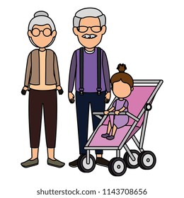 cute grandparents couple with granddaughter in cart