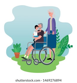 cute grandparents couple with grandson in wheelchair