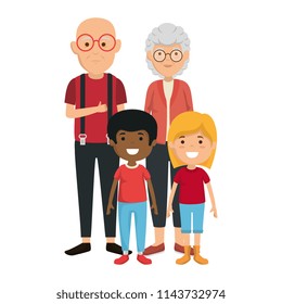 cute grandparents couple with kids characters