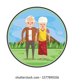 cute grandparents couple lovers in the field vector illustration design