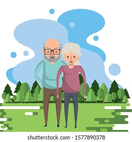 cute grandparents couple lovers in the field vector illustration design