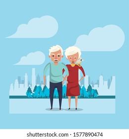 cute grandparents couple lovers in the park vector illustration design