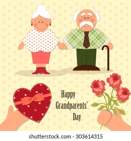 Cute Grandparents Day card with funny characters of Grandfather and Grandmother with grandchild offering hands