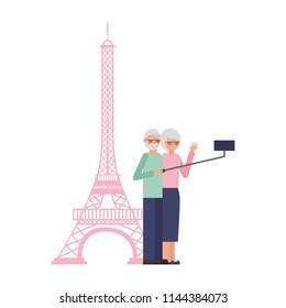 cute grandparents with eiffel tower and pole selfie