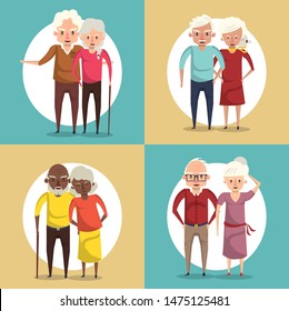 Cute grandparents elderly couples smiling in love cartoons on frames set vector illustration graphoc design.