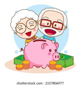 Cute Grandparents With Piggy Bank Cartoon Illustration