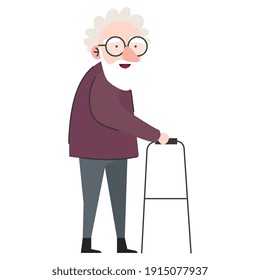cute granfather member using walker character vector illustration design