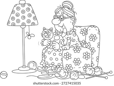 Nette Oma streichelt ihre lustige Katze in einem gemütlichen weichen Sessel von einer Stehlampe, schwarz-weißen Umriss Vektor Cartoon Illustration für ein Malbuch
