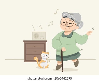 Cute granny dancing on the song on radio. Little cat joining granny while dancing. Cute modern flat vector illustration.