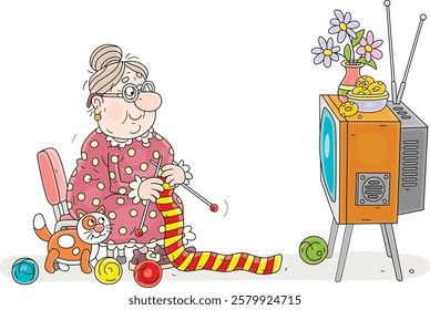 Cute granny with a funny domestic cat knitting a long striped scarf for a long cold winter and watching her old-fashioned TV set, vector cartoon illustration on a white background