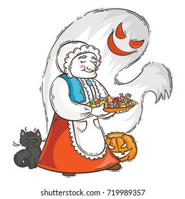Cute granny with ghost and cat near pumpkin. Halloween card or poster. Vector illustration.