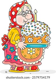 Cute granny holding a dish with a colorfully decorated fancy Easter cake for a traditional holiday table, vector cartoon illustration on a white background