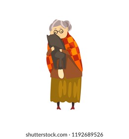 Cute granny hugging her black cat, lonely old lady and her animal pet vector Illustration on a white background