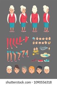 Cute granny isolated on dark background banner, vector illustration of human constructor, gesture set various faces collection and clothes accessory