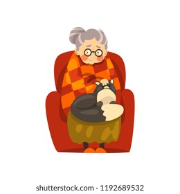 Cute granny sitting in armchair with her black cat, lonely old lady and her animal pet vector Illustration on a white background