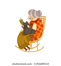 Cute granny sitting in a cozy rocking chair and reading a book, black cat lying on her knees, lonely old lady and her animal pet vector Illustration on a white background