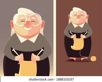 cute granny with wool and knitting needles, senior woman vector illustration