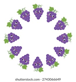 Cute grape bunch circular frame border with kawaii faces vector design element