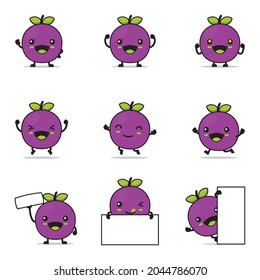 caricatura de uva linda, ilustración del vector de la fruta, con expresiones faciales felices y diferentes poses, aisladas en un fondo blanco