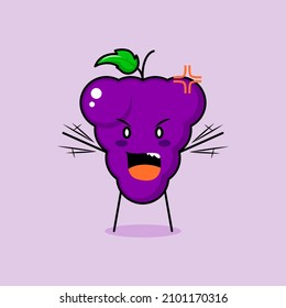 cute grape character with angry expression. green and purple. suitable for emoticon, logo, mascot. both hands raised and mouth open