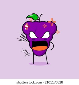 cute grape character with angry expression. green and purple. suitable for emoticon, logo, mascot. one hand raised, eyes bulging and mouth wide open