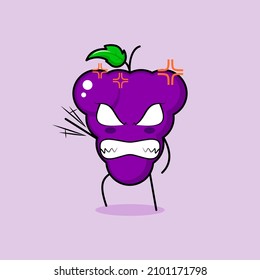 un lindo personaje de uva con expresión de enfado. verde y morado. adecuado para emoticonos, logotipo, mascota. una mano levantada, ojos hinchados y sonrientes