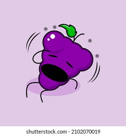 cute grape character with dizzy expression, mouth open, sit down and one hand on head. green and purple. suitable for emoticon, logo, mascot and icon