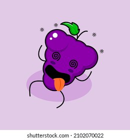 cute grape character with dizzy expression, rolling eyes, lie down and tongue sticking out. green and purple. suitable for emoticon, logo, mascot and icon