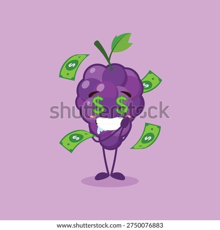 A cute Grape character feels happy and tempted by the large amount of money it will have