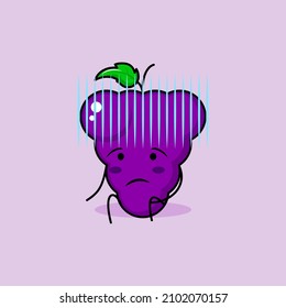 cute grape character with hopeless expression and sit down. green and purple. suitable for emoticon, logo, mascot and icon