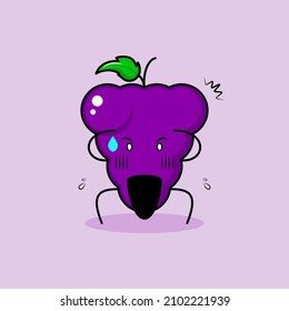 cute grape character with shocked expression, two hands on head and mouth open. green and purple. suitable for emoticon, logo, mascot or sticker