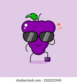 cute grape character with smile expression, black eyeglasses, one leg raised and one hand holding glasses. green and purple. suitable for emoticon, logo, mascot or sticker