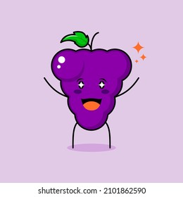 cute grape character with smile and happy expression, two hands up, mouth open and sparkling eyes. green and purple. suitable for emoticon, logo, mascot and icon