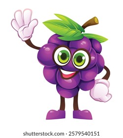 Cute grape character waving happily. Vector cartoon illustration