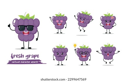 cute grape with different activity face expression. fruit with many emotion vector illustration flat design.