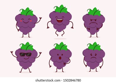 Cute Grape Fruit Character in Happy, Smile, Sad, Cool, Excited and Angry Expression