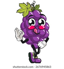 Saludo lindo de la Ilustración vectorial del carácter de la mascota de la fruta de la uva dando el signo de Oke, trabajo de dibujado a mano