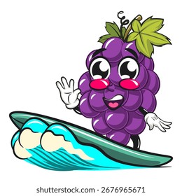 cute grape fruit mascot character vector illustration character surfing happily, work of hand drawn