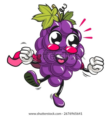 cute grape fruit mascot character vector illustration as flying superhero wearing a robe, work of hand drawn