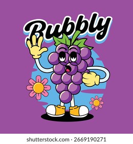 Ilustración de personaje retro de fruta de uva linda