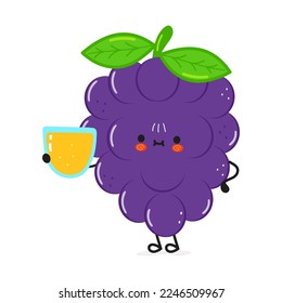 Cute grape with glass of juice. Vector hand drawn doodle style cartoon character illustration icon design. Card with cute happy grape