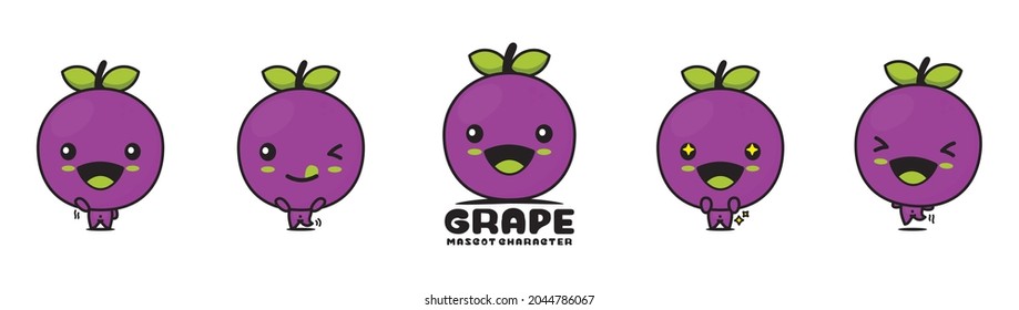 cute grape mascot, fruit vector illustration, with different facial expressions and poses, isolated on white background