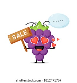 Cute grape mascot with the sales sign
