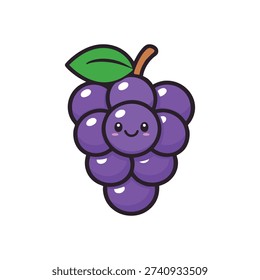 Cute grapes icon vector illustration representing fresh fruit, healthy eating, and playful design concept. Adorable and colorful grape character suitable for kids projects, food branding, grocery packaging, stickers, social media graphics, websites, mobile apps, posters, banners, and print materials.