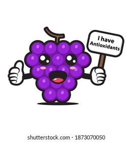 cute grapes mascot holding a sign saying I have antioxidants