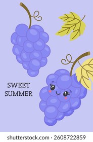 Cute grapes with smiling face and Sweet Summer text background